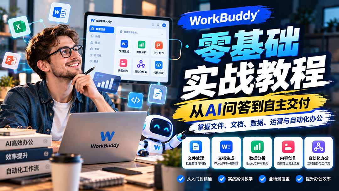 WorkBuddy零基础实战教程：从AI问答到自主交付，掌握文件、文档、数据、运营与自动化办公-续财库