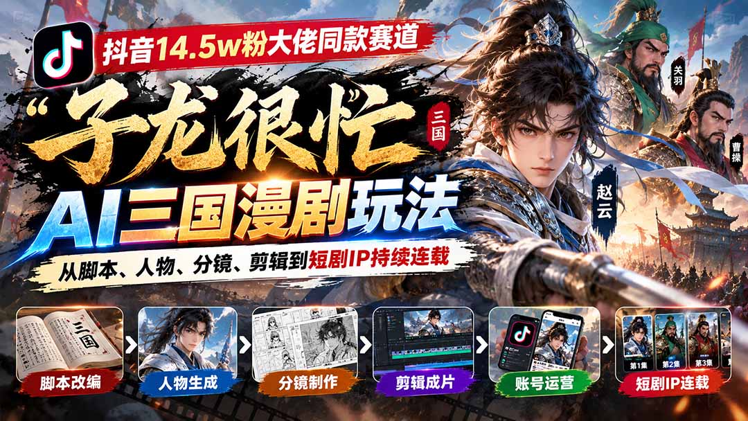 抖音14.5w粉大佬同款赛道「子龙很忙」AI三国漫剧玩法：从脚本、人物、分镜、剪辑到短剧IP持续连载-续财库