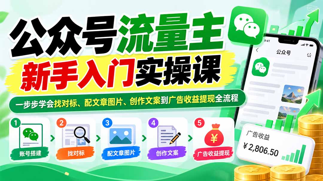 公众号流量主新手入门实操课:一步步学会找对标、配文章图片、创作文案到广告收益提现全流程-续财库