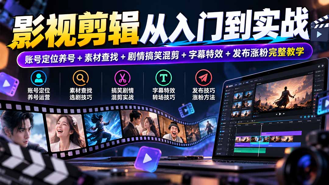 影视剪辑从入门到实战:账号定位养号+素材查找+剧情搞笑混剪+字幕特效+发布涨粉完整教学-续财库