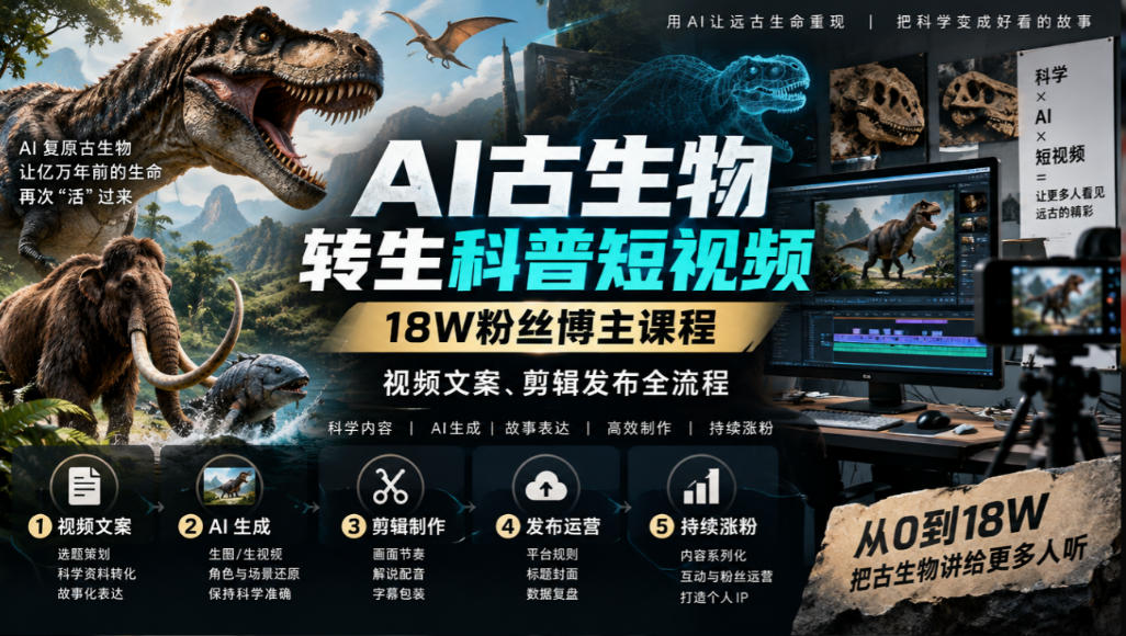 AI古生物转生科普短视频,18W粉丝博主课程,视频文案、剪辑发布全流程-续财库