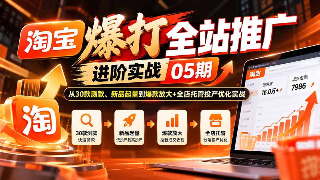 淘宝爆打全站推广进阶实战05期:从30款测款、新品起量到爆款放大+全店托管投产优化实战-续财库