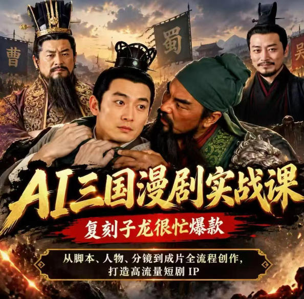抖音14W粉博主同款AI三国漫剧实战课,复刻子龙很忙爆款,从脚本、人物、分镜到成片全流程创作,打造高流量短剧IP-续财库