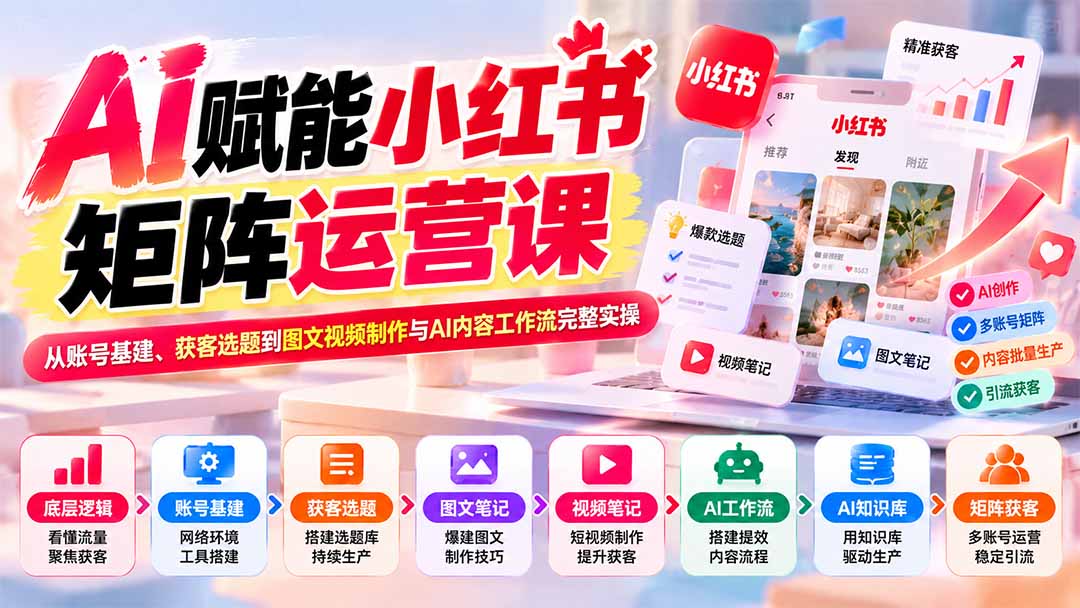 AI赋能小红书矩阵运营课：从账号基建、获客选题到图文视频制作与AI内容工作流完整实操-续财库