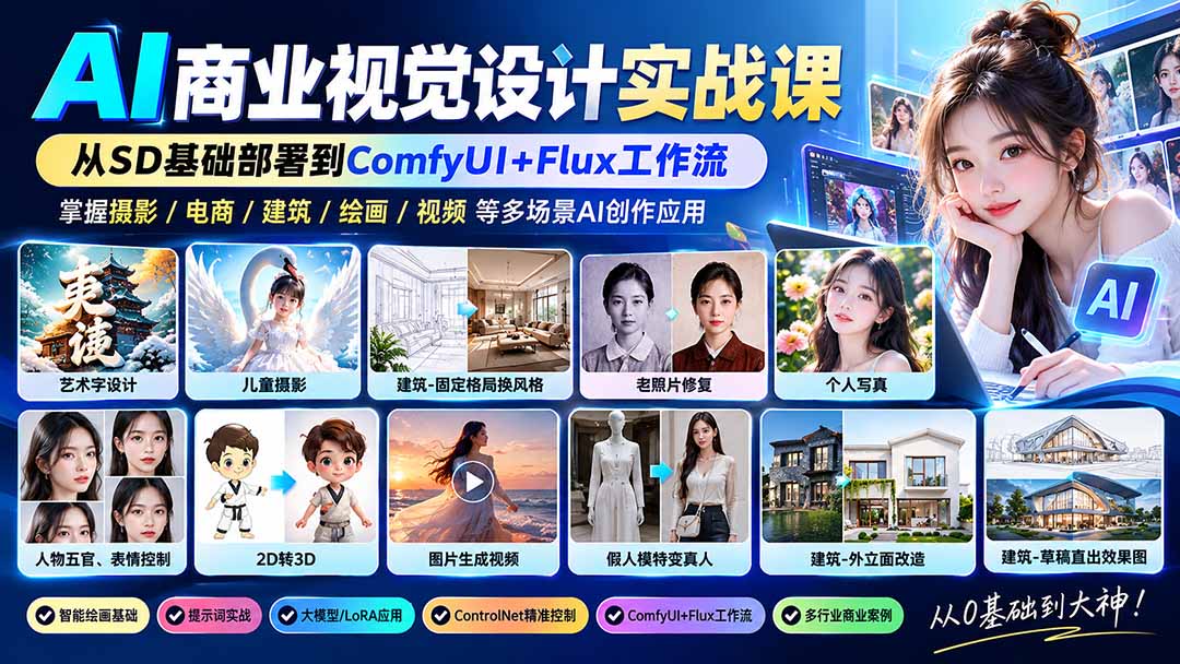 【无水印】AI商业视觉设计实战课：从SD基础部署到ComfyUI+Flux工作流，掌握摄影电商建筑AI创作-续财库