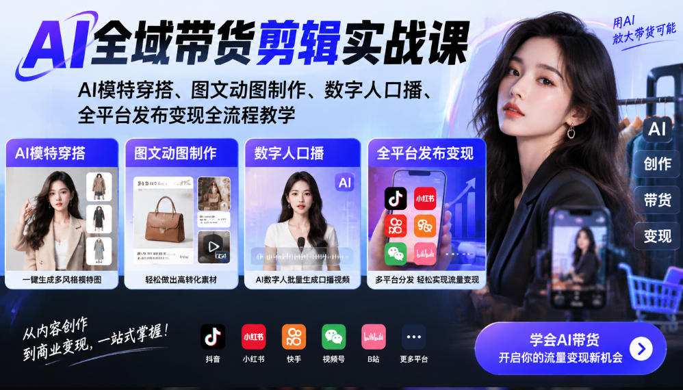 AI全域带货剪辑实战课|AI模特穿搭、图文动图制作、数字人口播、全平台发布变现全流程教学-续财库