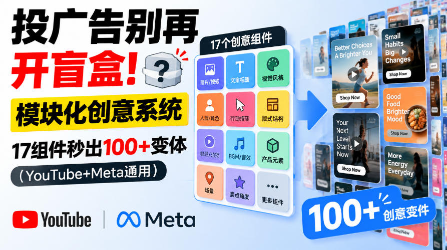 投广告别再开盲盒!模块化创意系统,17组件秒出100+变体(YouTube+Meta通用)【原创双语字幕】-续财库