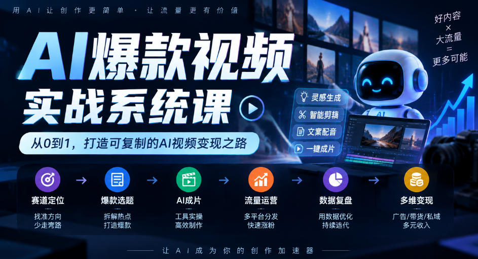 AI爆款视频实战系统课｜赛道定位、爆款选题、AI成片、流量运营、数据复盘、多维变现全链路教学-续财库