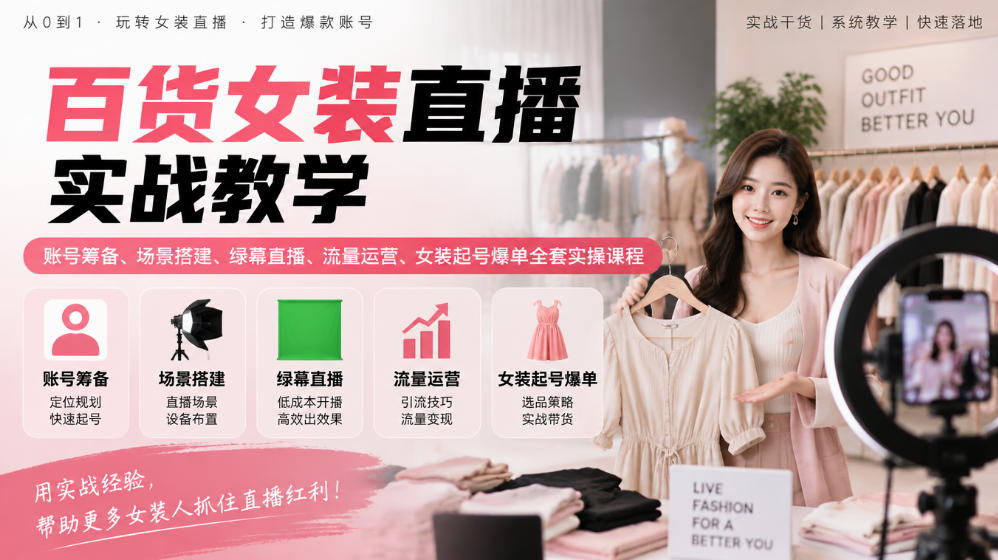 百货女装直播实战教学|账号筹备、场景搭建、绿幕直播、流量运营、女装起号爆单全套实操课程-续财库