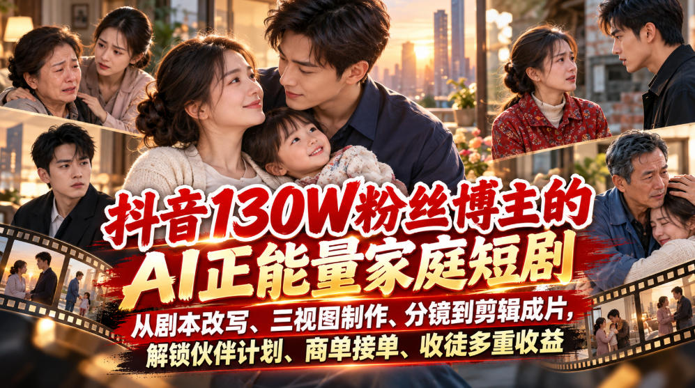 抖音130W粉丝博主的AI正能量家庭短剧，从剧本改写、三视图制作、分镜到剪辑成片，解锁伙伴计划、商单接单、收徒多重收益(更新1007)-续财库