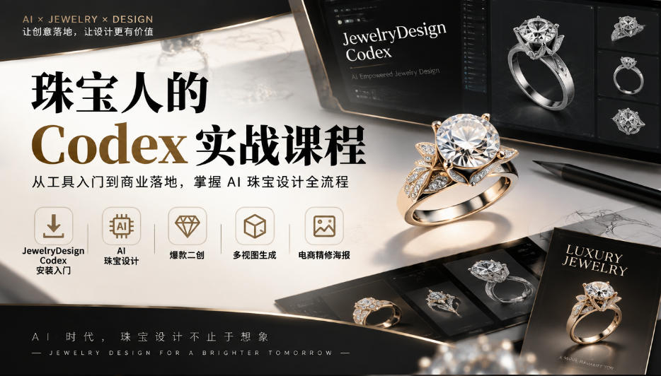 珠宝人的Codex实战课程|JewelryDesign Codex安装入门、AI珠宝设计、爆款二创、多视图生成、电商精修海报全链路教学-续财库
