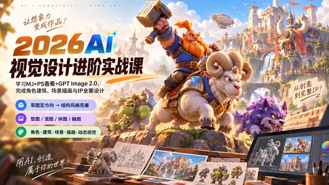 2026AI视觉设计进阶实战课-更新1007：学习MJ+PS香蕉+GPT Image 2.0，完成角色建筑、场景插画与IP全案设计-续财库