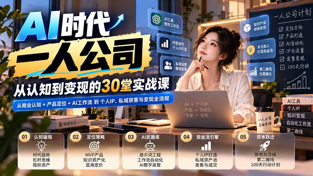 【无水印】AI时代一人公司30堂实战课：从商业认知+产品定位+AI工作流到个人IP、私域获客与变现全流程-续财库