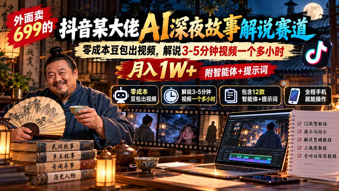 外面卖699抖音某大佬AI深夜故事解说赛道-更新:0成本豆包出视频+解说3-5分钟视频一个多小时,月入1W+附智能体+提示词-续财库