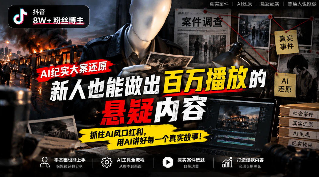 抖音8W粉丝博主的AI纪实大案还原教学,新人也能做出百W播放的悬疑内容,抓住AI风口红利,用AI讲好每一个真实故事-续财库