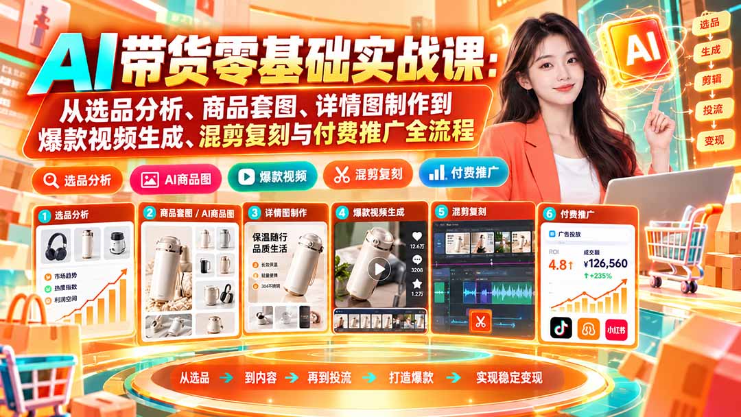 AI带货零基础实战课:从选品分析、商品套图、详情图制作到爆款视频生成、混剪复刻与付费推广全流程-续财库
