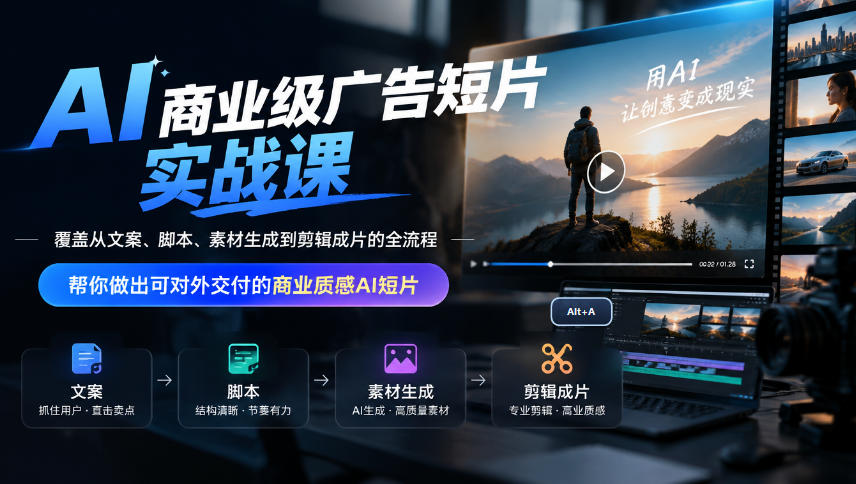 AI商业级广告短片实战课,覆盖从文案、脚本、素材生成到剪辑成片的全流程,帮你做出可对外交付的商业质感AI短片-续财库