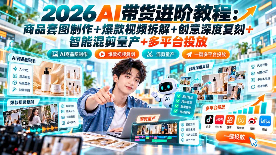 2026AI带货进阶教程:商品套图制作+爆款视频拆解+创意深度复刻+智能混剪量产+多平台投放-续财库