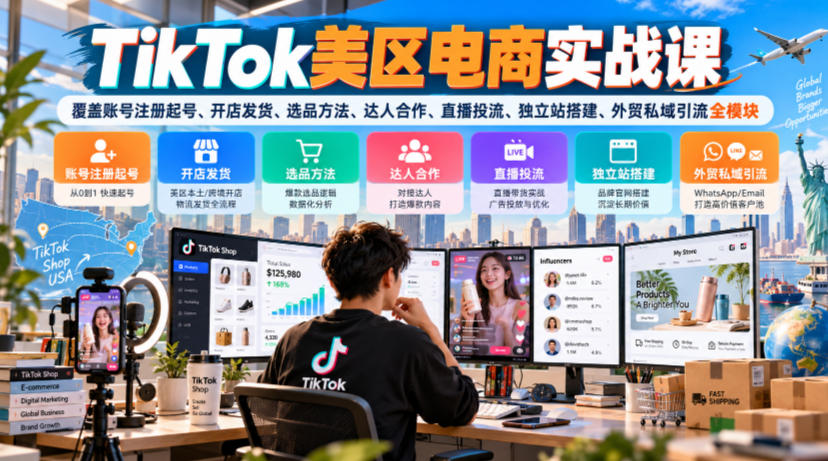 TikTok美区电商实战课,覆盖账号注册起号、开店发货、选品方法、达人合作、直播投流、独立站搭建、外贸私域引流全模块-续财库