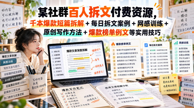 (无水印)某社群百人拆文付费资源，千本爆款短篇拆解+每日拆文案例+网感训练+原创写作方法+爆款榜单例文等实用技巧(更新1009)-续财库