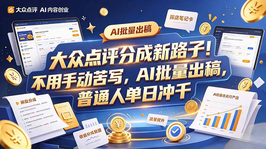 大众点评副业新玩法，工具提效解放双手，批量做笔记，单日可破千-续财库