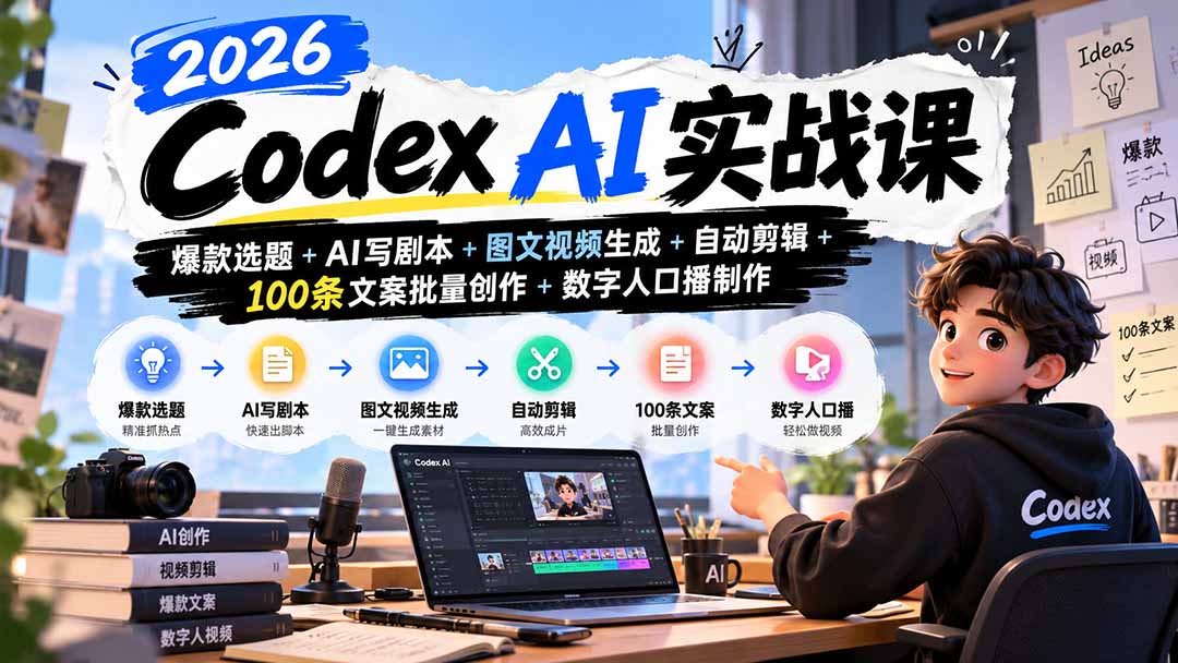 2026Codex AI实战课：爆款选题+AI写剧本+图文视频生成+自动剪辑+100条文案批量创作+数字人口播制作-续财库