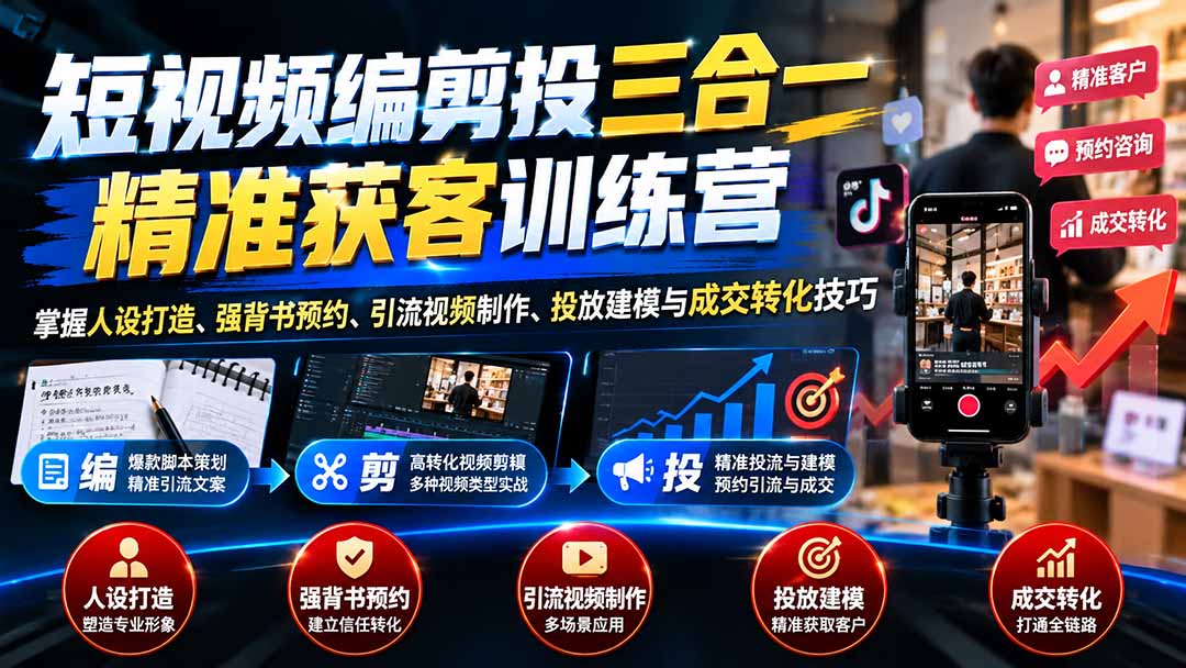短视频编剪投三合一精准获客训练营:掌握人设打造、强背书预约、引流视频制作、投放建模与成交转化技巧-续财库