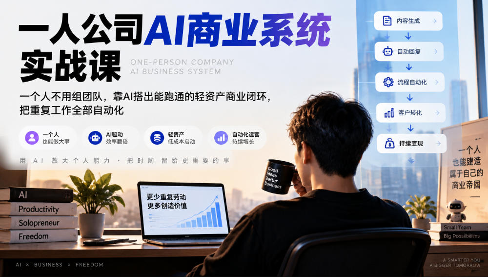 一人公司AI商业系统实战课，一个人不用组团队，靠AI搭出能跑通的轻资产商业闭环，把重复工作全部自动化-续财库