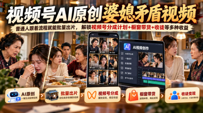 视频号ai原创婆媳矛盾视频，普通人跟着流程就能批量出片，解锁视频号分成计划+橱窗带货+收徒等多种收益-续财库