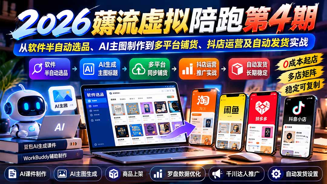 2026薅流虚拟陪跑第4期：从软件半自动选品、AI主图制作到多平台铺货、抖店运营及自动发货实战-续财库