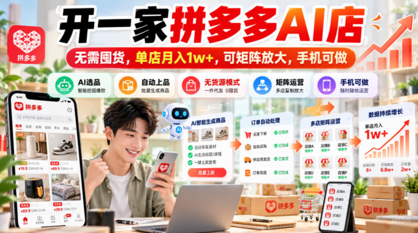 开一家拼多多AI店，无需囤货，单店月入1w+，可矩阵放大，手机可做【揭秘】-续财库