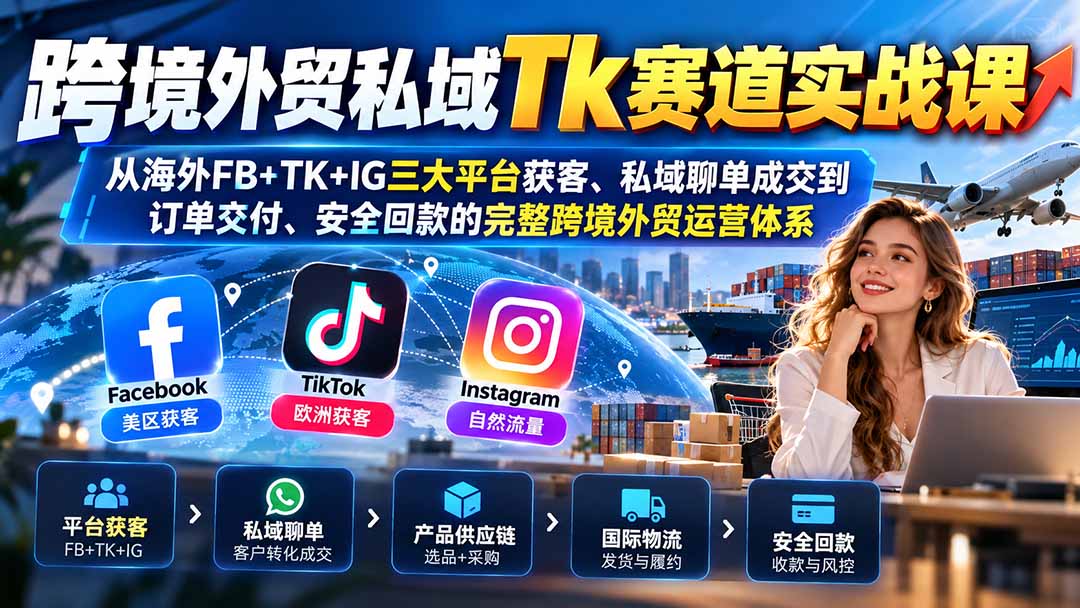跨境外贸私域Tk赛道实战课：从海外FB+TK+IG三大平台获客、私域聊单成交到订单交付、安全回款的完整跨境外贸运营体系-续财库