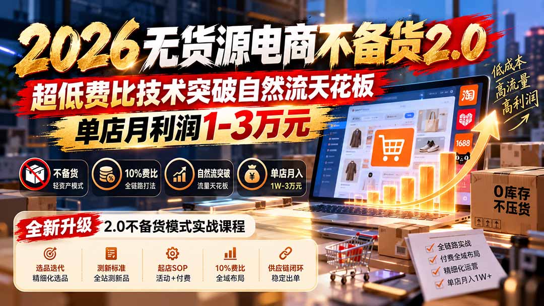 2026无货源电商不备货2.0【更新1010】：超低费比技术突破自然流天花板，单店月利润1-3万元-续财库