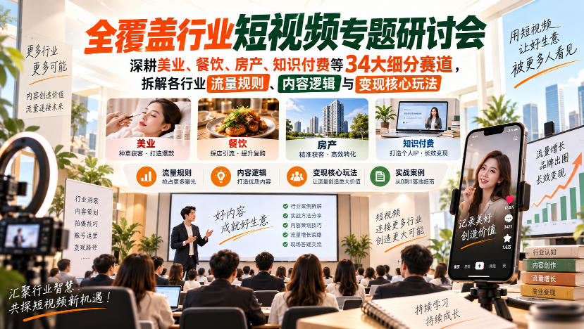 短视频专题研讨会，深耕美业、餐饮、房产、知识付费等34大细分赛道，拆解各行业流量规则、内容逻辑与变现核心玩法(更新1011)-续财库
