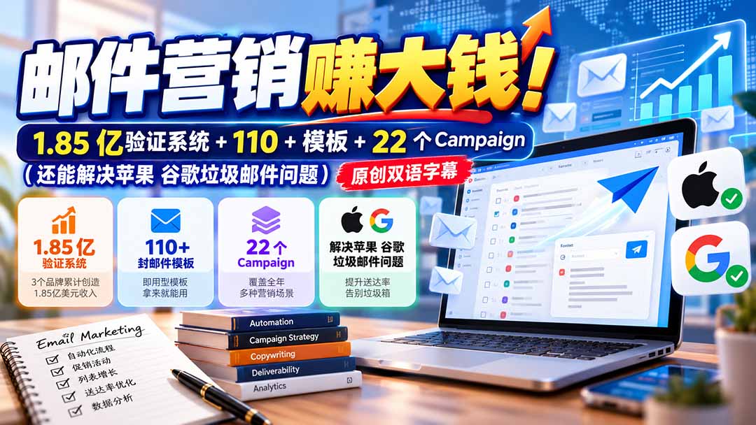 邮件营销赚大钱!1.85亿验证系统+110+模板+22个Campaign(还能解决苹果 谷歌垃圾邮件问题-续财库