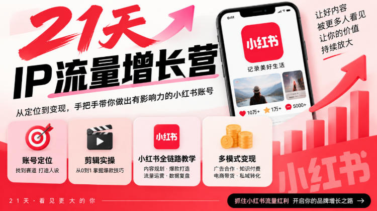 21天IP流量增长营，小红书全链路教学，账号定位剪辑实操，多模式变现系统课-续财库