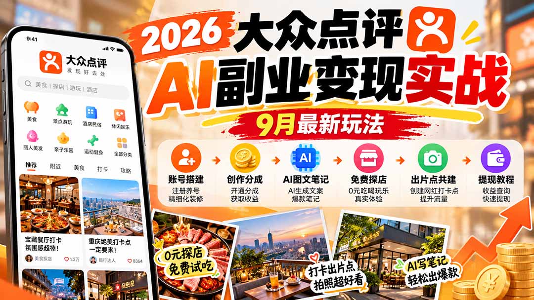 2026大众点评AI副业变现实战9月最新玩法：账号搭建+创作分成+AI图文笔记+免费探店+出片点共建与提现教程-续财库