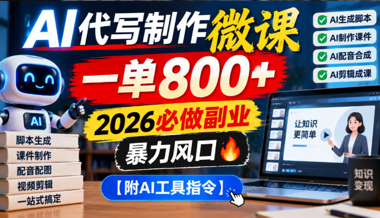AI代写制作微课,一单800+,2026必做副业,暴力风口【附AI工具指令】【揭秘】-续财库