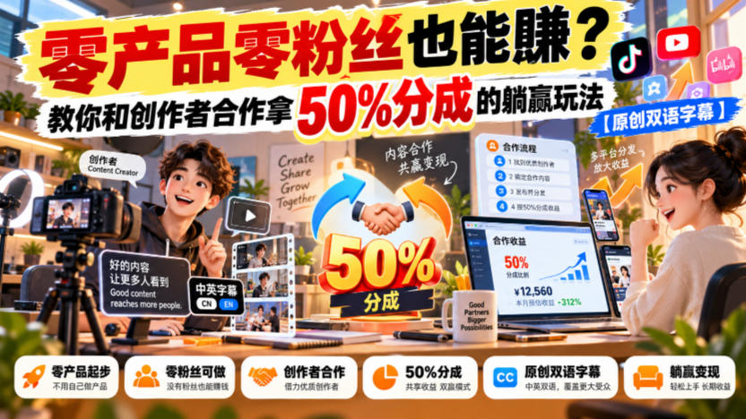 【无水印】零产品零粉丝也能賺？教你和创作者合作拿50%分成的躺赢玩法【原创双语字幕】-续财库