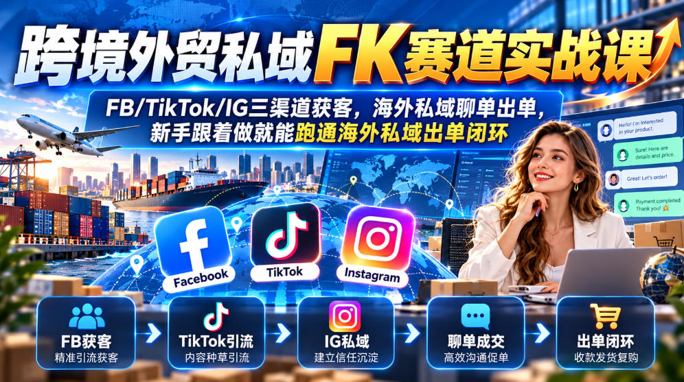 跨境外贸私域FK赛道实战课｜FB/TikTok/IG三渠道获客，海外私域聊单出单，新手跟着做就能跑通海外私域出单闭环-续财库