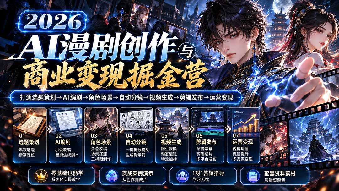 【无水印】2026AI漫剧创作与商业变现掘金营:打通选题→AI编剧→角色场景→自动分镜→视频生成→剪辑发布→运营变现-续财库