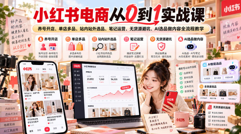 小红书电商从0到1实战课｜养号开店、单店多品、站内站外选品、笔记运营、无货源避坑、AI选品做内容全流程教学-续财库
