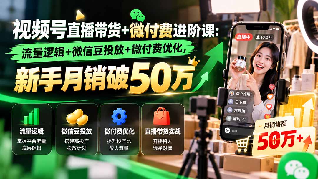 视频号直播带货+微付费进阶课-更新1010：流量逻辑+微信豆投放+微付费优化，新手月销破50万-续财库