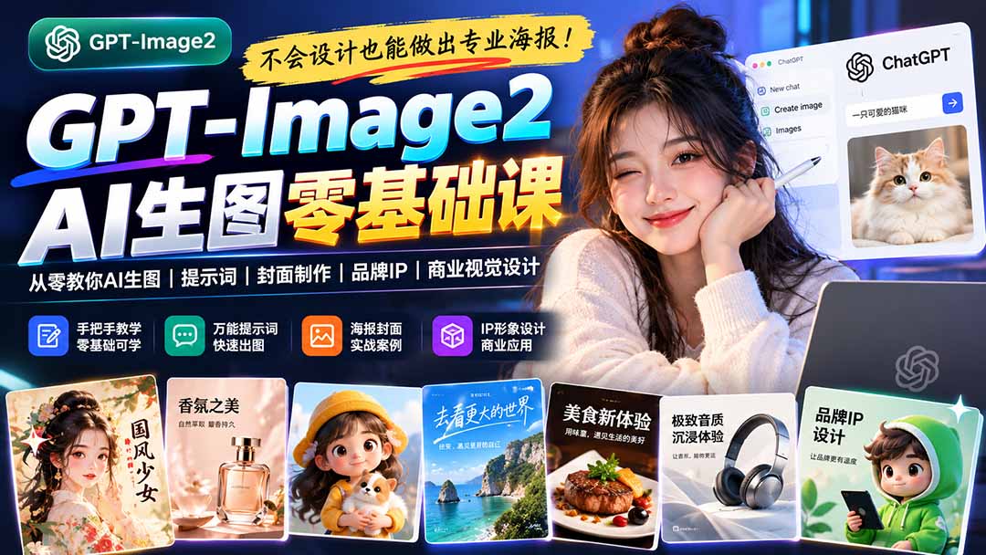 不会设计也能做出专业海报！GPT-Image2从零教你AI生图、提示词、封面制作、品牌IP与商业视觉设计-续财库