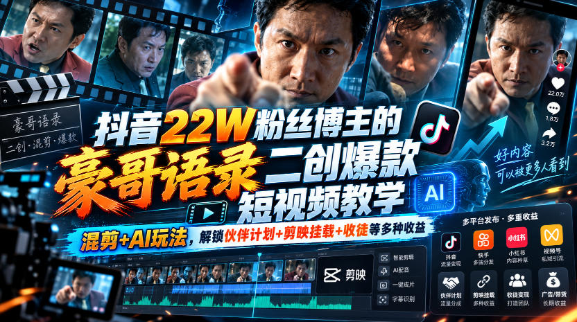 抖音22W粉丝博主的豪哥语录二创爆款短视频教学,混剪+AI玩法,解锁伙伴计划+剪映挂载+收徒等多种收益-续财库