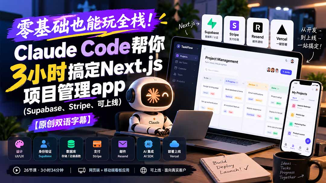 零基础也能玩全栈！Claude Code帮你3小时搞定Next.js项目管理app(Supabase、Stripe、可上线-续财库