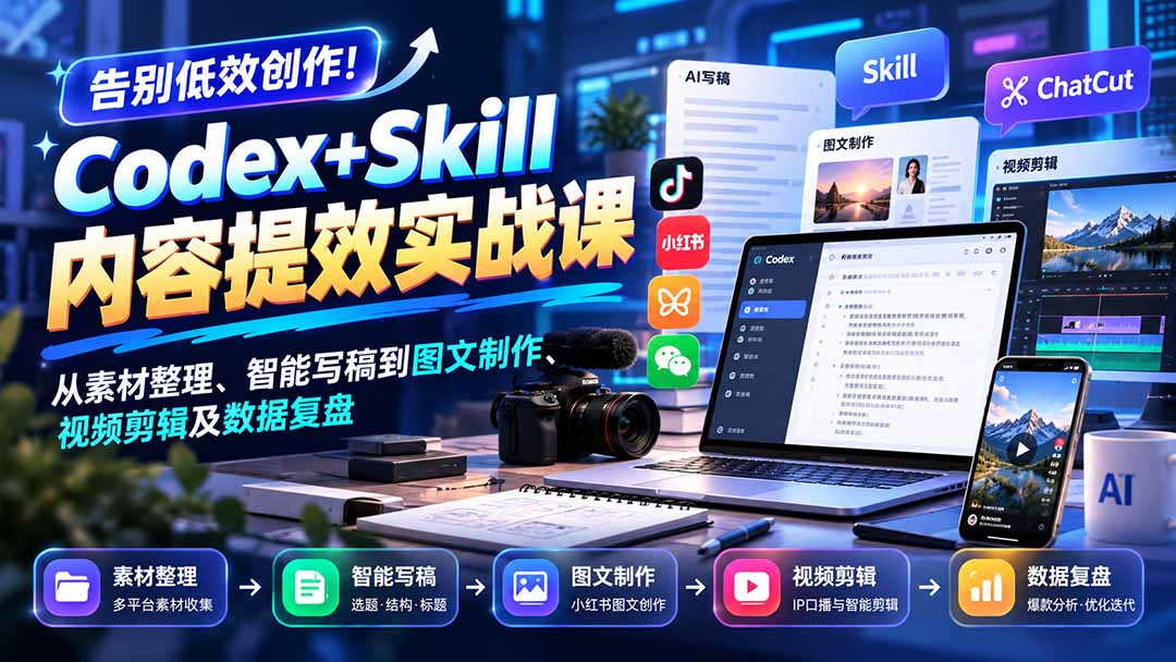 【无水印】告别低效创作!Codex+Skill内容提效实战课:从素材整理、智能写稿到图文制作、视频剪辑及数据复盘-续财库