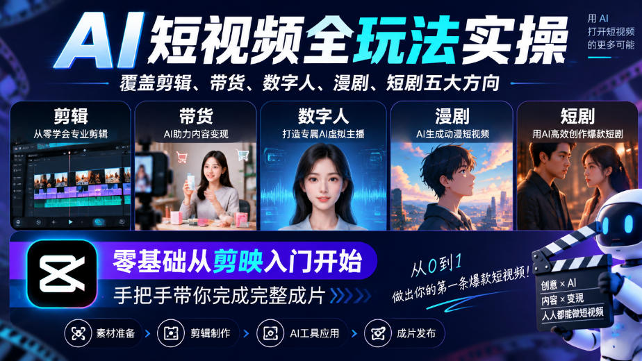 AI短视频全玩法实操,覆盖剪辑、带货、数字人、漫剧、短剧五大方向,零基础从剪映入门开始,手把手带你完成完整成片-续财库