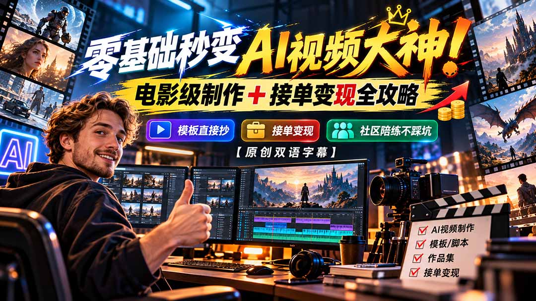 零基础秒变AI视频大神！电影级制作 + 接单变现全攻略，模板直接抄，社区陪练不踩坑【原创双语字幕】-续财库