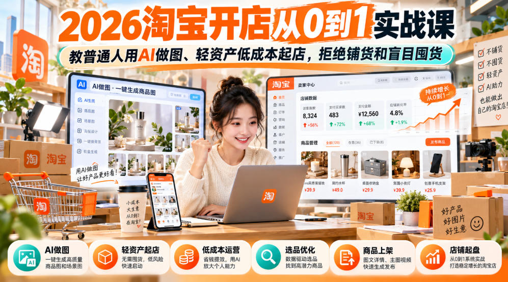 2026淘宝开店从0到1实战课，教普通人用AI做图、轻资产低成本起店，拒绝铺货和盲目囤货-续财库